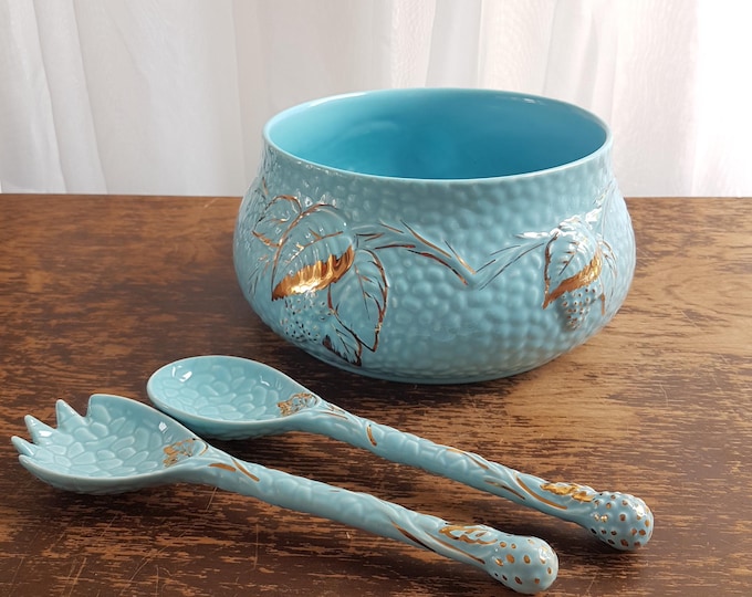 Wade GOLDEN TURQUOISE Salad Bowl with Salad Servers, Mid Century, England, 1950s-1960s