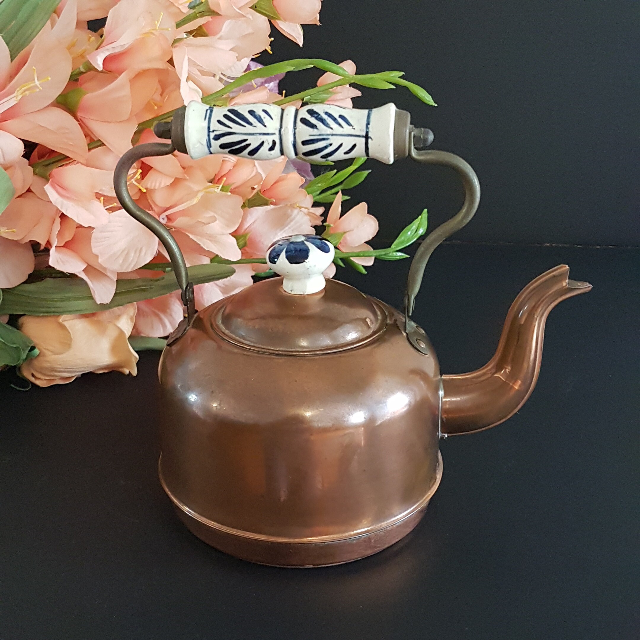 Vintage Copper Tea Kettle with Delft Blue Porcelain Handle & Knob, 5