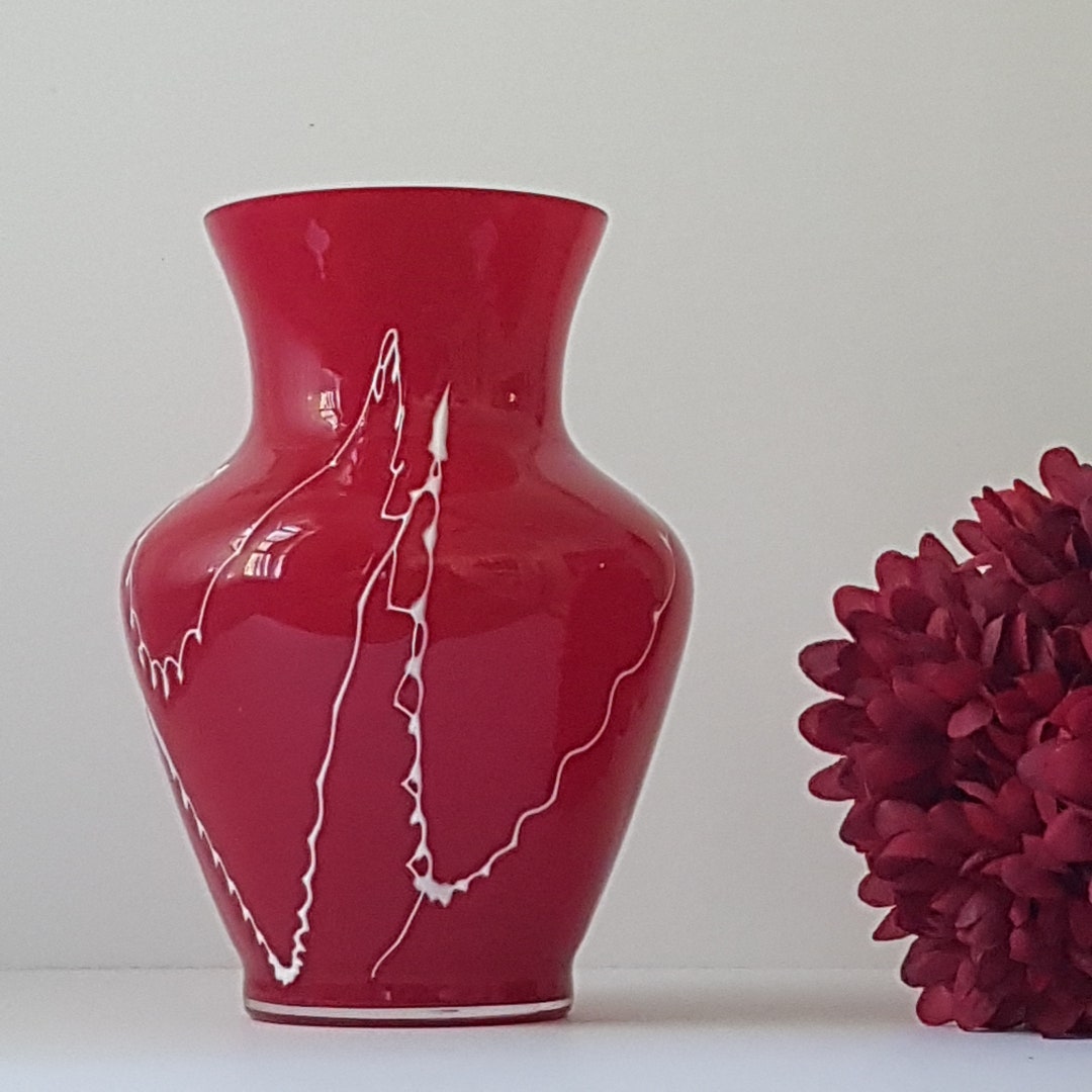 Vintage Red Glass Flower Vase Art Glass White Applied Glass Etsy