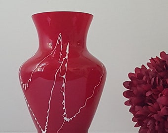 Vintage Red Glass Flower Vase, Art Glass, White Applied Glass, Squiggly Lines