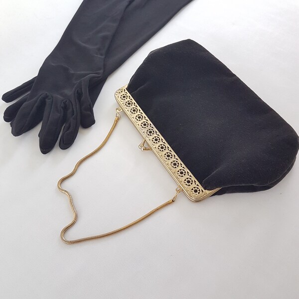 Vintage Black Velvet Evening Bag with Gold Tone Filigree, Hang From Wrist Purse Converts to Clutch, Kiss Lock, Hong Kong, 1960s