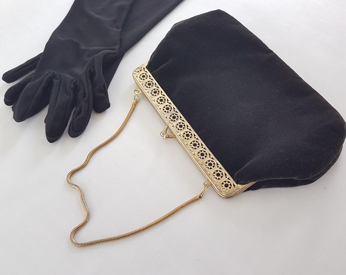 Vintage Black Velvet Evening Bag with Gold Tone Filigree, Hang From Wrist Purse Converts to Clutch, Kiss Lock, Hong Kong, 1960s