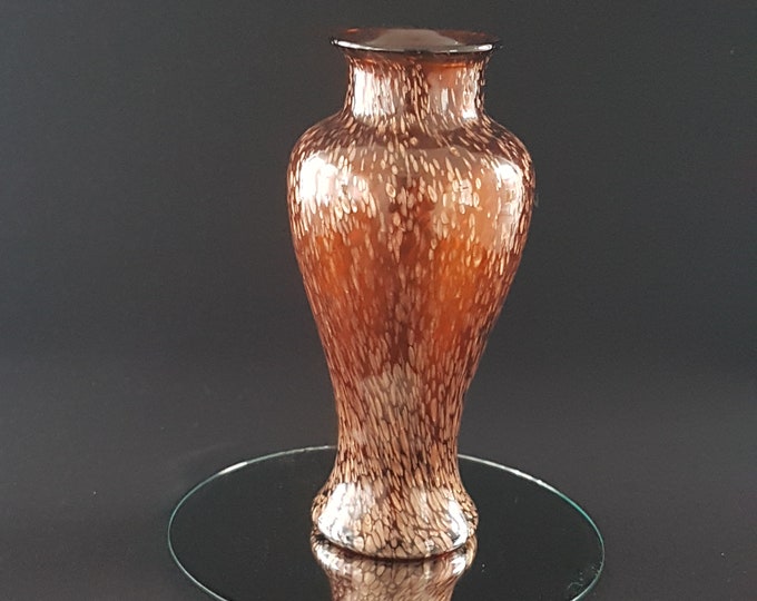 Vintage Brown Amber Blown Glass Vase with Pink Sparkles, 11 Inch Tall Bouquet Vase