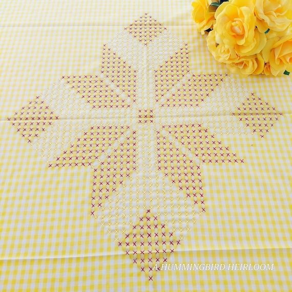 Vintage Yellow Gingham Tablecloth: Hand Embroidered Star, 43x43