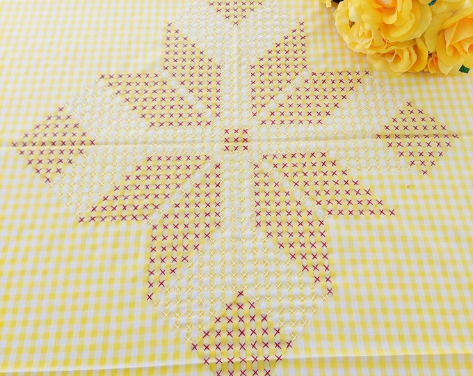 Yellow Gingham Tablecloth, 43 x 43, Vintage Checkered Tablecloth, Hand Embroidery, Star in Middle