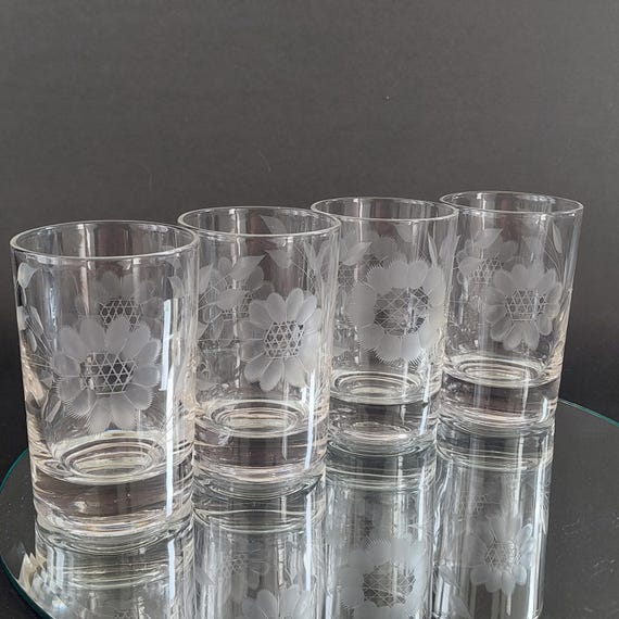 Vintage Hughes Cornflower 4oz Juice Glasses - Set of 4 Small Etched Glass Tumblers