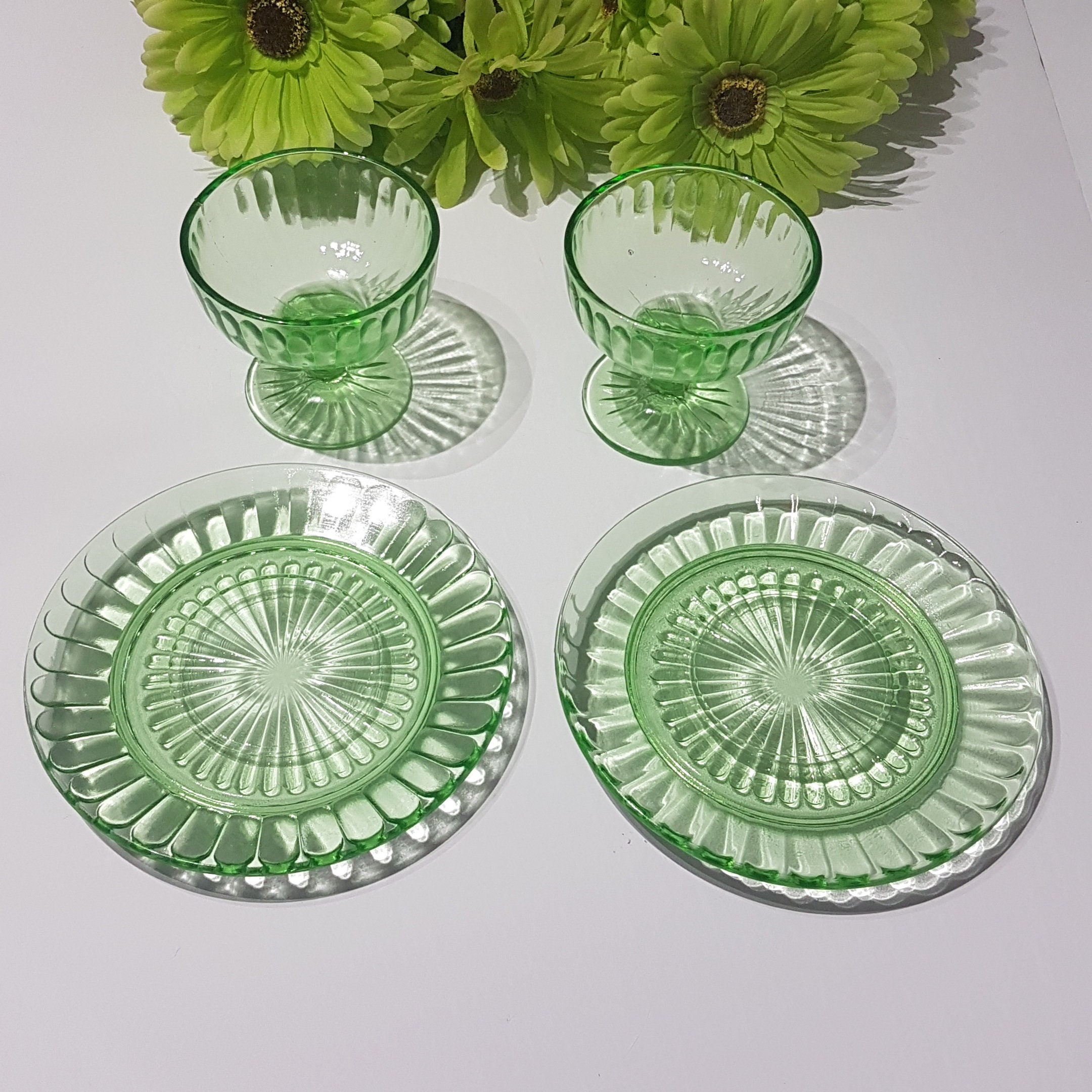 Anchor Hocking PILLAR OPTIC, Set of 2, Green Depression Glass, Dessert