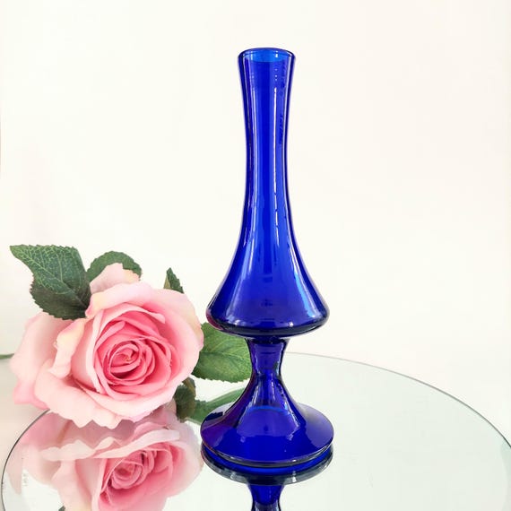 Vintage Cobalt Blue Glass Bud Vase Mid Century Modern Hourglass Pedestal Flower Vase