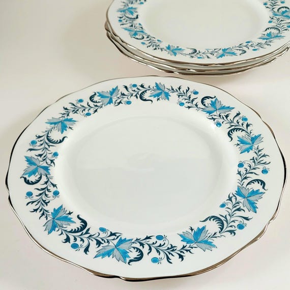 Vintage Grosvenor Debutante Bone China 10.5 Inch Dinner Plates, Turquoise Platinum Set of 4