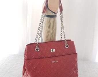 Vintage GUESS Red Quilted Faux Leather Shoulder Bag With 
