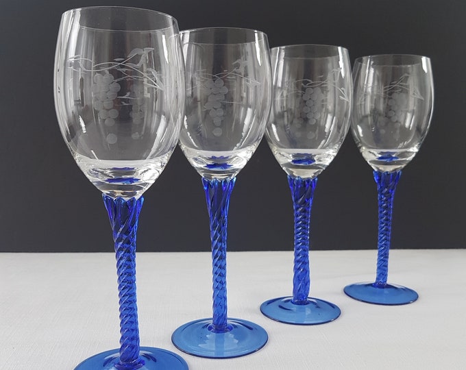 Cobalt Blue Handcrafted Etched Wine Goblets, Grape Design, Set of 4
