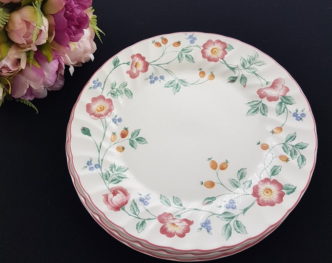 Dinner Plates, Churchill China BRIAR ROSE, Fine English Tableware, 10 Inch, Set of 3, Floral Pattern of Yellow Pink Blue Flowers