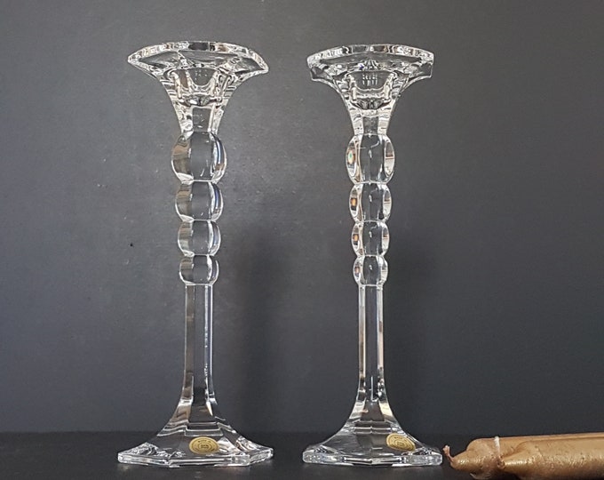 Bohemian Crystal Tall Candlestick Holders, Vintage 24% Lead Crystal, Original Labels, 10 Inch, Set of 2 Matching Taper Candle Holders