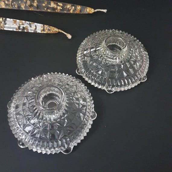 Vintage Anchor Hocking Stars and Bars Taper Candle Holders | Clear Pressed Glass Candlestick Pair Handcrafted in the USA