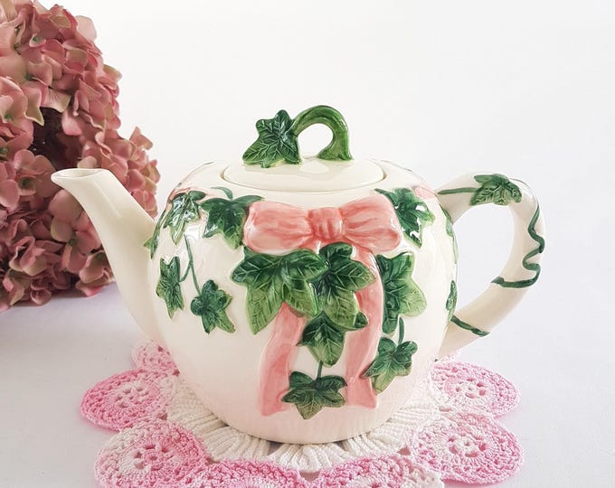 Vintage Otagiri Majolica Teapot: Hand-Painted Ceramic with Raised Ivy Leaves and Pink Ribbon
