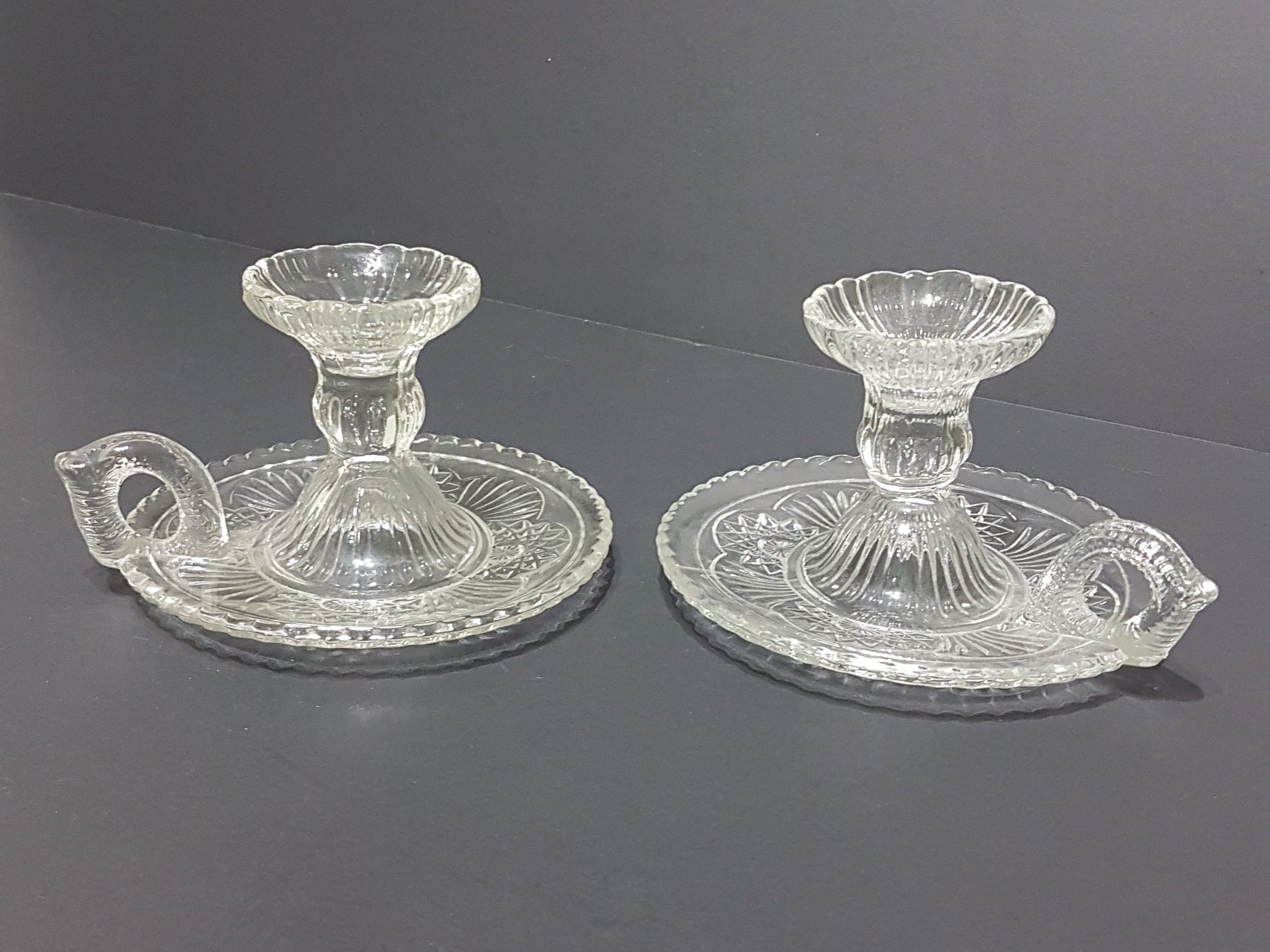 Pair of Vintage Clear Glass Taper Candle Chamberstick Holders with