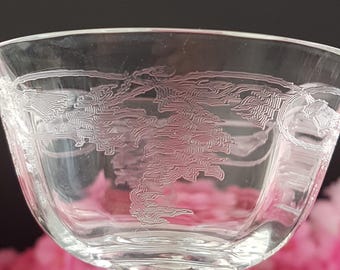 Vintage Bohemia Crystal Etched Thistle Coupe Glasses - Champagne or Sherbet with Straight Stem