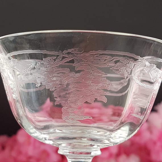 Vintage Bohemia Crystal Etched Thistle Coupe Glasses - Champagne or Sherbet with Straight Stem