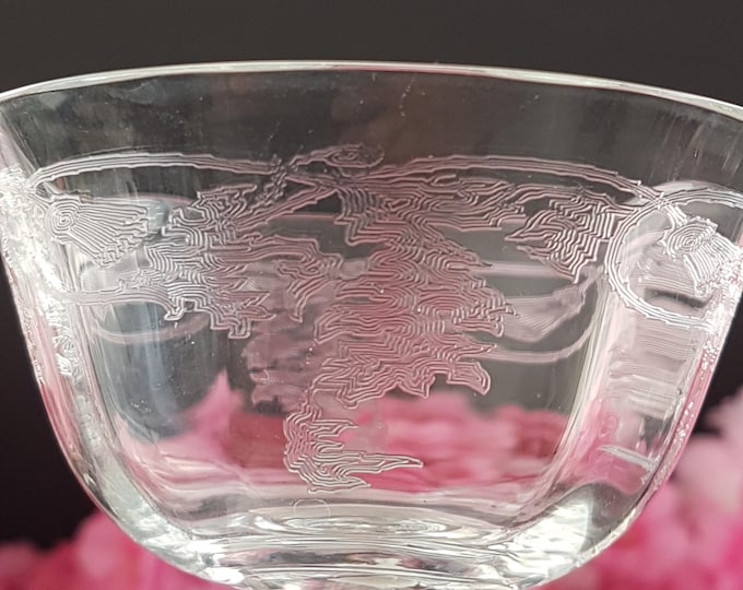 Vintage Bohemia Crystal Etched Thistle Coupe Glasses - Champagne or Sherbet with Straight Stem