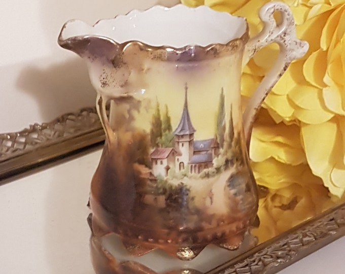 Antique RS Prussia Hand Painted Creamer, Castle Scene, Reinhold Schlegelmilch, Red Mark, Flower Spout, Ornate Handle, 10 Feet, 1890s