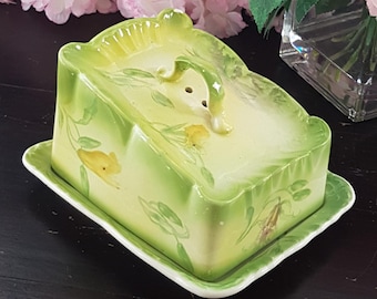 Antique Covered Butter Dish, Hand Painted Cheese Keeper by Franz Anton Mehlem, Made in Germany, 1885-1920