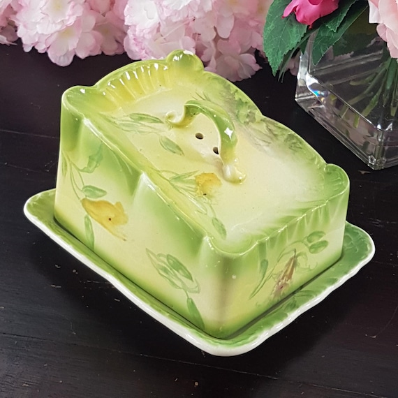 Antique Floral Butter Dish Franz Anton Mehlem Bonn Germany 1885-1920 Victorian Farmhouse Kitchen Decor