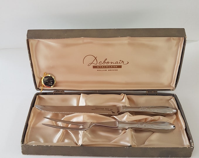 Vintage Meat Carving Set, Debonair Stainless Japan, Serrated Carving Knife & Meat Fork