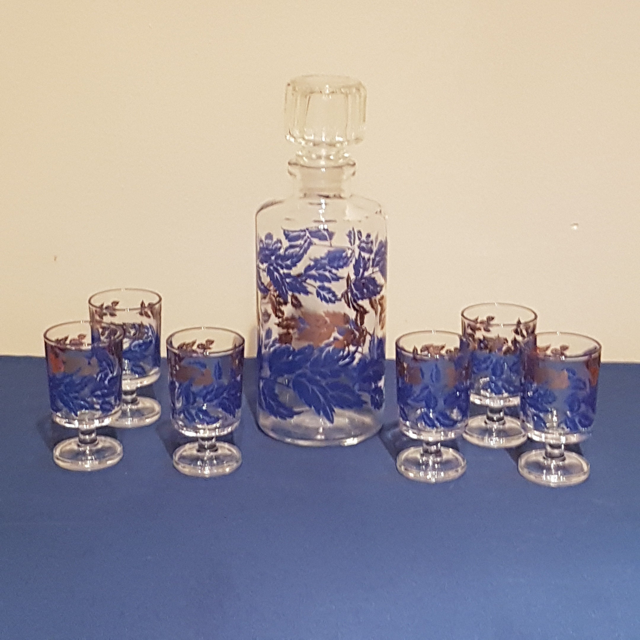 French Cobalt Blue Glass Liqueur Decanter 6 Shot Glass Set, Made in