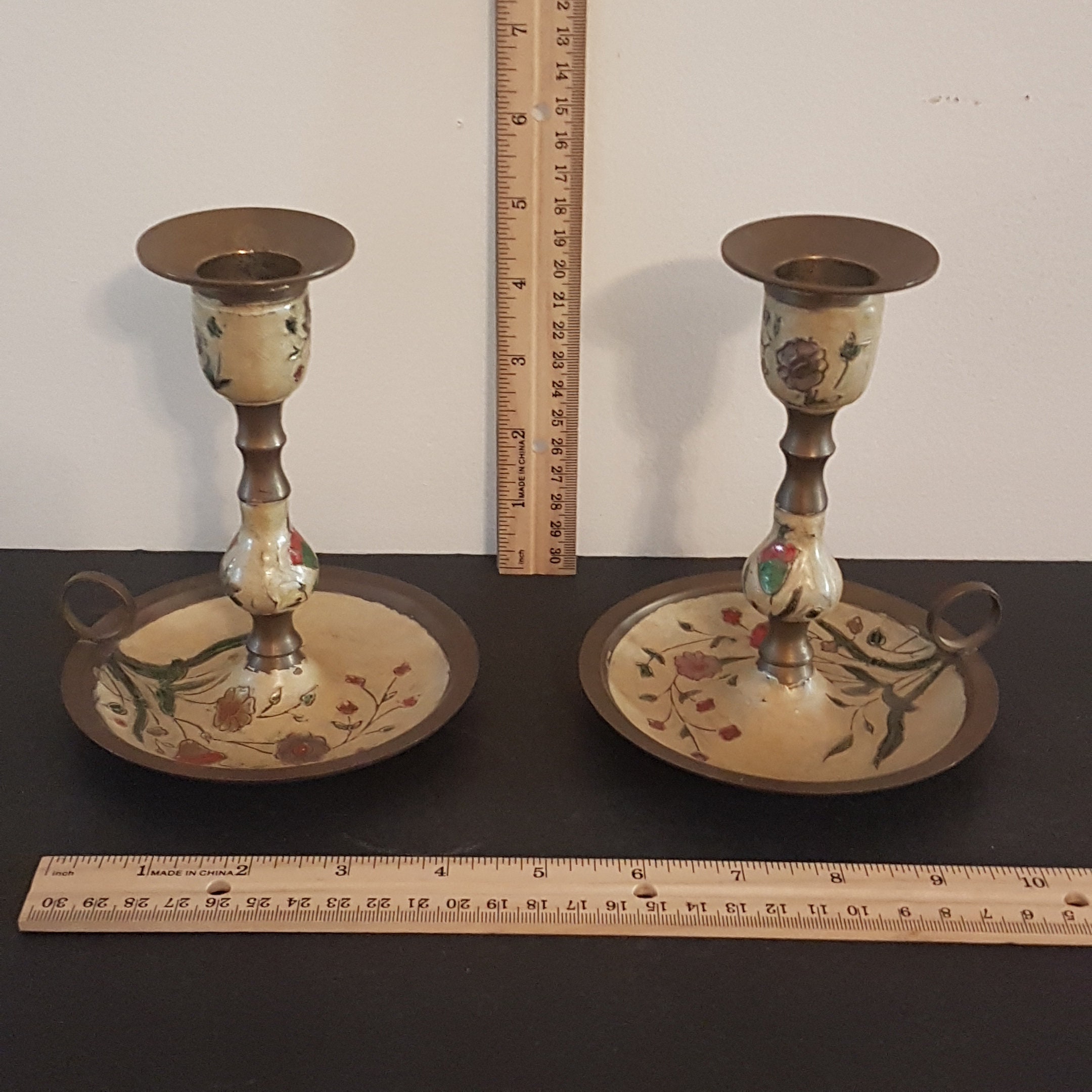 Vintage Pair of 6 Brass & Enamel Taper Candlestick Holders with Finger
