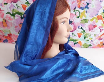 Royal Blue Floral Jacquard Head Scarf Made in Italy