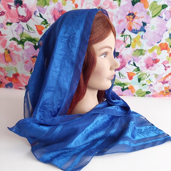 Royal Blue Floral Jacquard Head Scarf Made in Italy