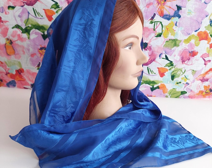 Royal Blue Floral Jacquard Head Scarf Made in Italy