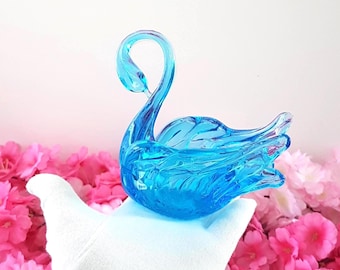 Vintage Blue Chalet Glass Swan Candleholder Paperweight Collectible Figurine Home Decor Trinket Dish