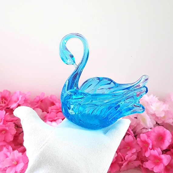 Vintage Blue Chalet Glass Swan Candleholder Paperweight Collectible Figurine Home Decor Trinket Dish