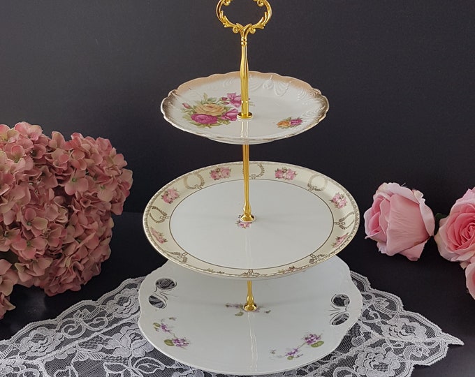 3 Tier Cake Stand, Mismatch China, Floral Vintage Plates, Pink Roses, Purple Flowers, Afternoon Tea Party, Cupcake Dessert Stand