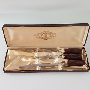 Vintage Meat Carving Set, 3 pc Glo-Hill, The Connoisseurs Choice, Faux Leather Hard Case