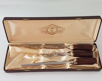 Vintage Meat Carving Set, 3 pc Glo-Hill, The Connoisseurs Choice, Faux Leather Hard Case