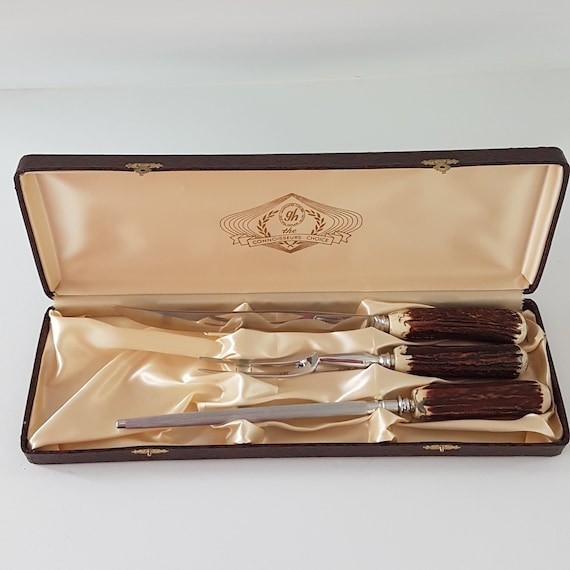 Vintage Glo-Hill 3-Piece Meat Carving Set with Bakelite Faux Antler Handles - Boxed