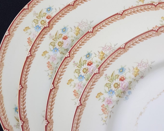 Vintage Noritake GEORGETTE Dinner Plates, 9.75 Inch, Set of 4, Multicolor Floral Sprays, Tan Laurel Leaf, Maroon Red Border