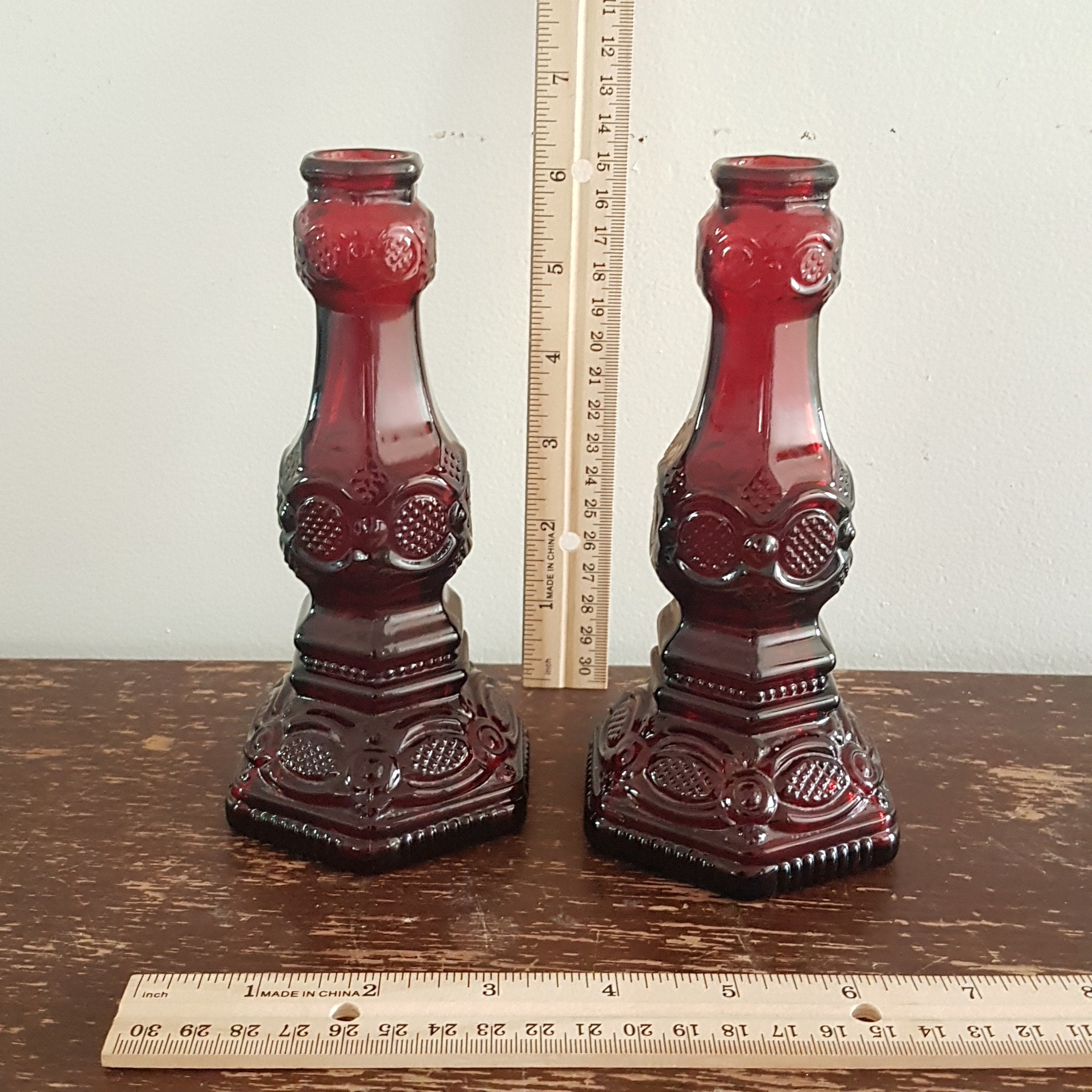 Pair of Tall Avon 1876 Cape Cod Candlestick Holders, Vintage Ruby Red