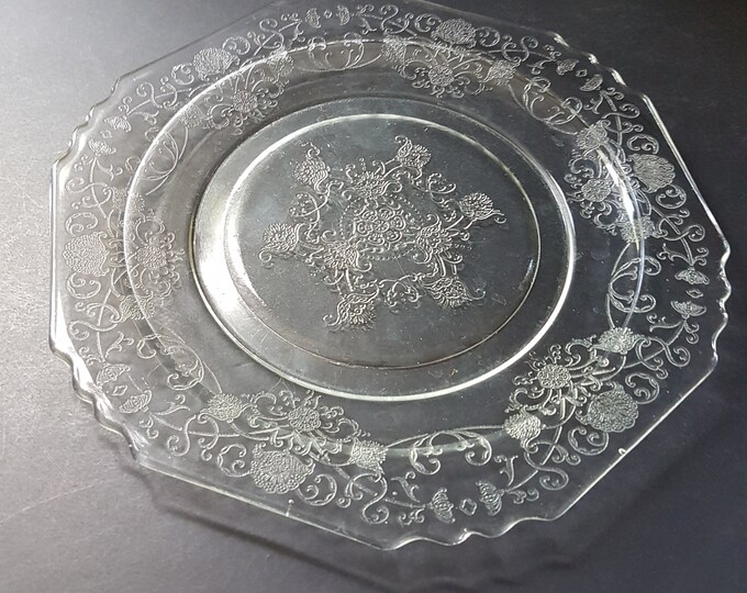 Hazel Atlas FLORENTINE #1 Clear Depression Glass Dinner Plate, 9.75 Inch, Poppy Flowers, 1930s