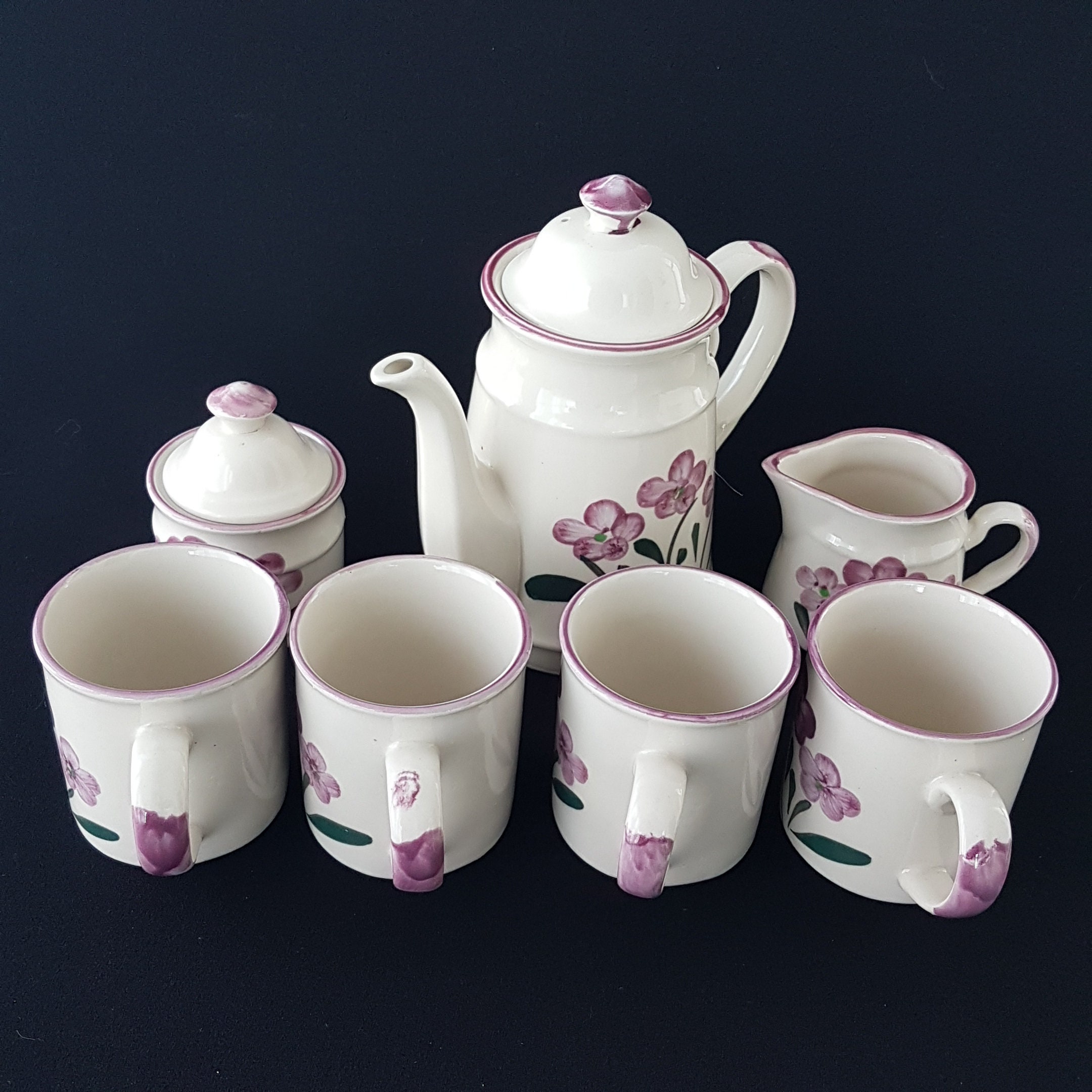 Retro Stoneware Tea Set for 4, Tea Pot Cream Sugar and 4 Mugs, Vintage