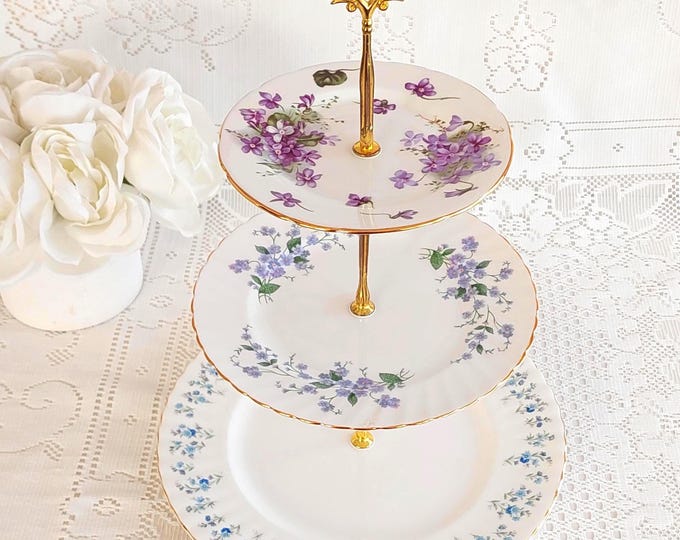 Handmade 3-Tier Cake Stand Floral Bone China English Tea Party Dessert Server, Wedding Centerpiece