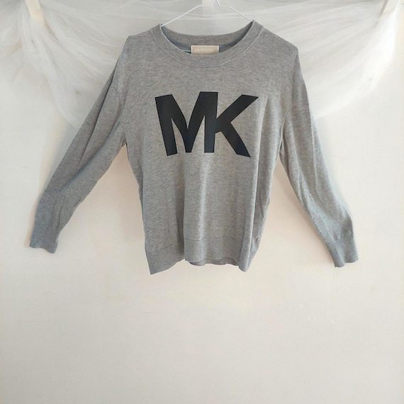 Vintage Michael Kors Heather Grey Crewneck, Black MK Monogram Pullover, Size Medium