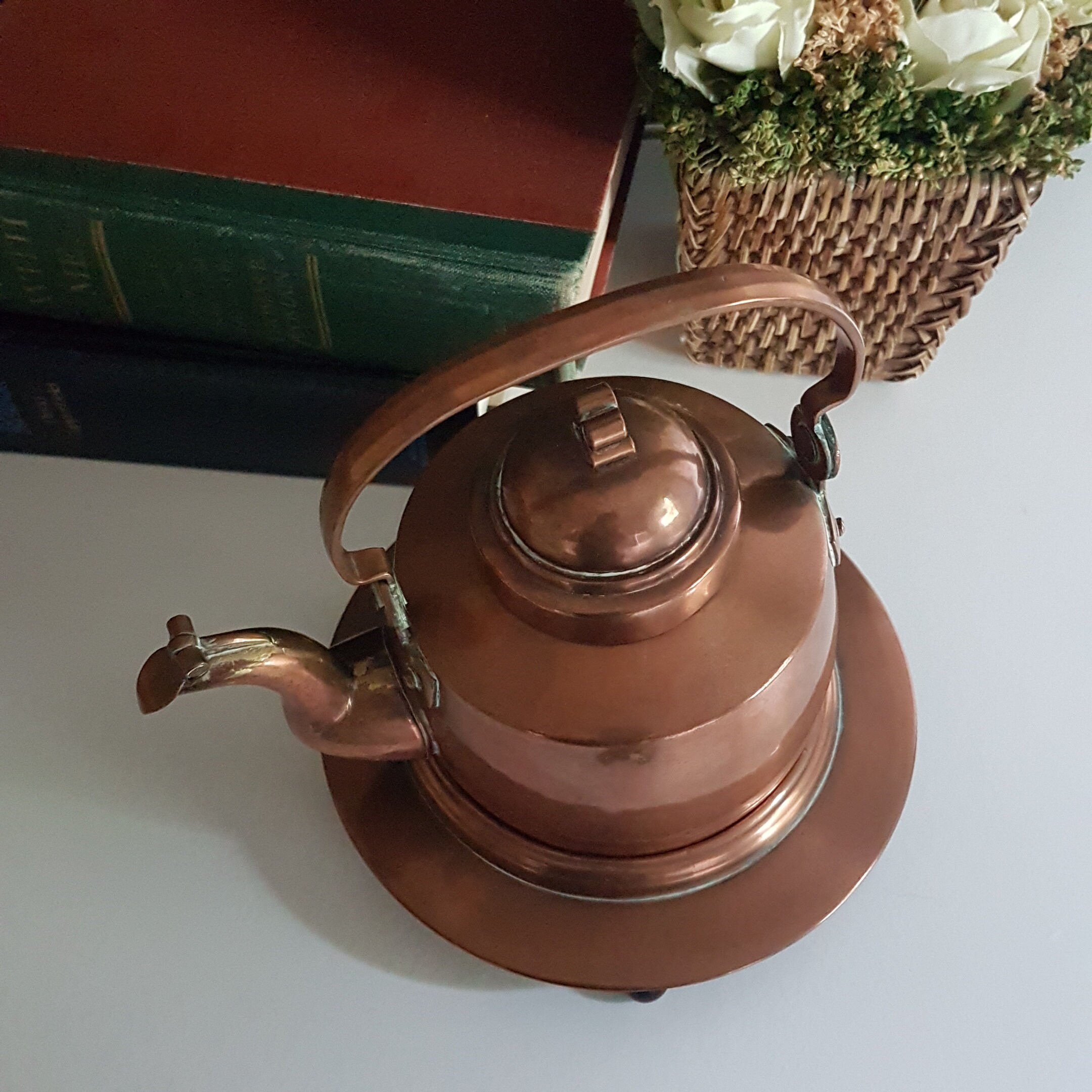 Vintage Copper Stovetop Tea Kettle with Copper Stand, Hinged Spout Lid