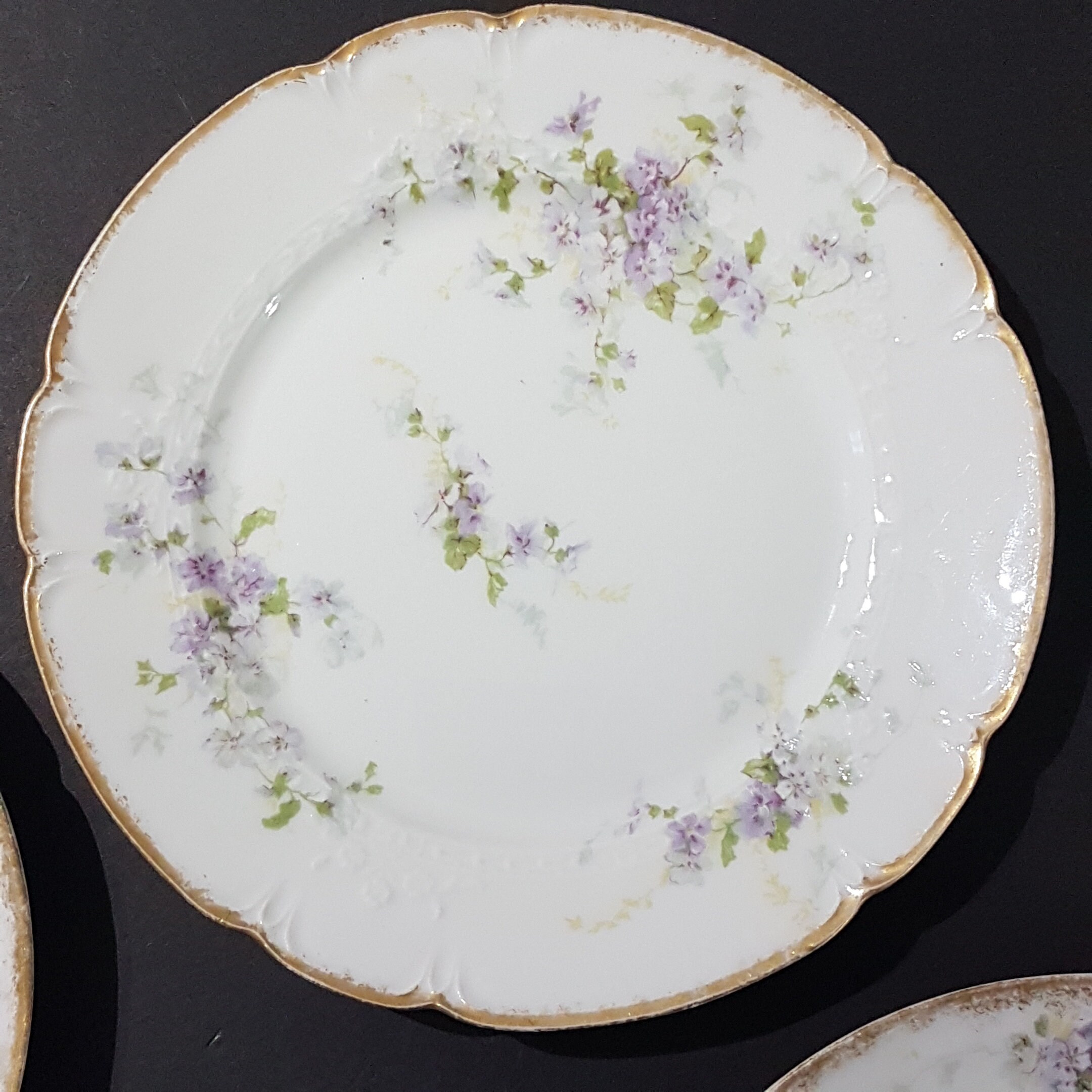 Limoges Porcelain Dessert Plates, Set of 4, Purple Flowers, GDA France, CH Field Haviland