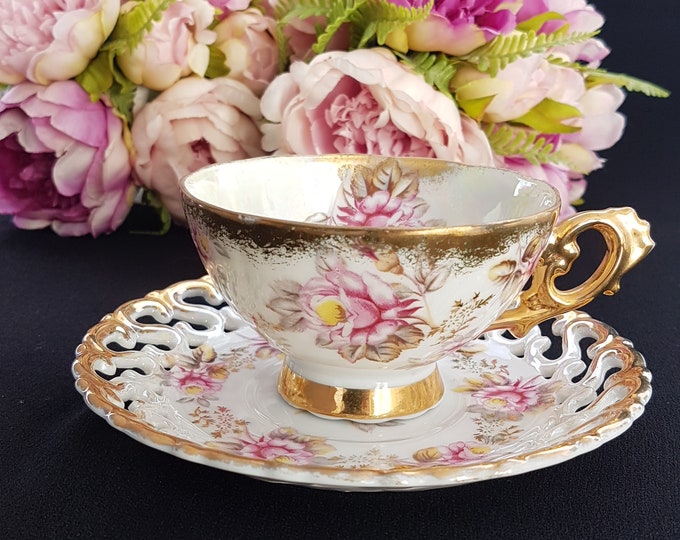 Tea Cup and Saucer, Vintage Shafford Japan, Hand Decorated, Pierced Porcelain, Pink Roses, Made in Japan