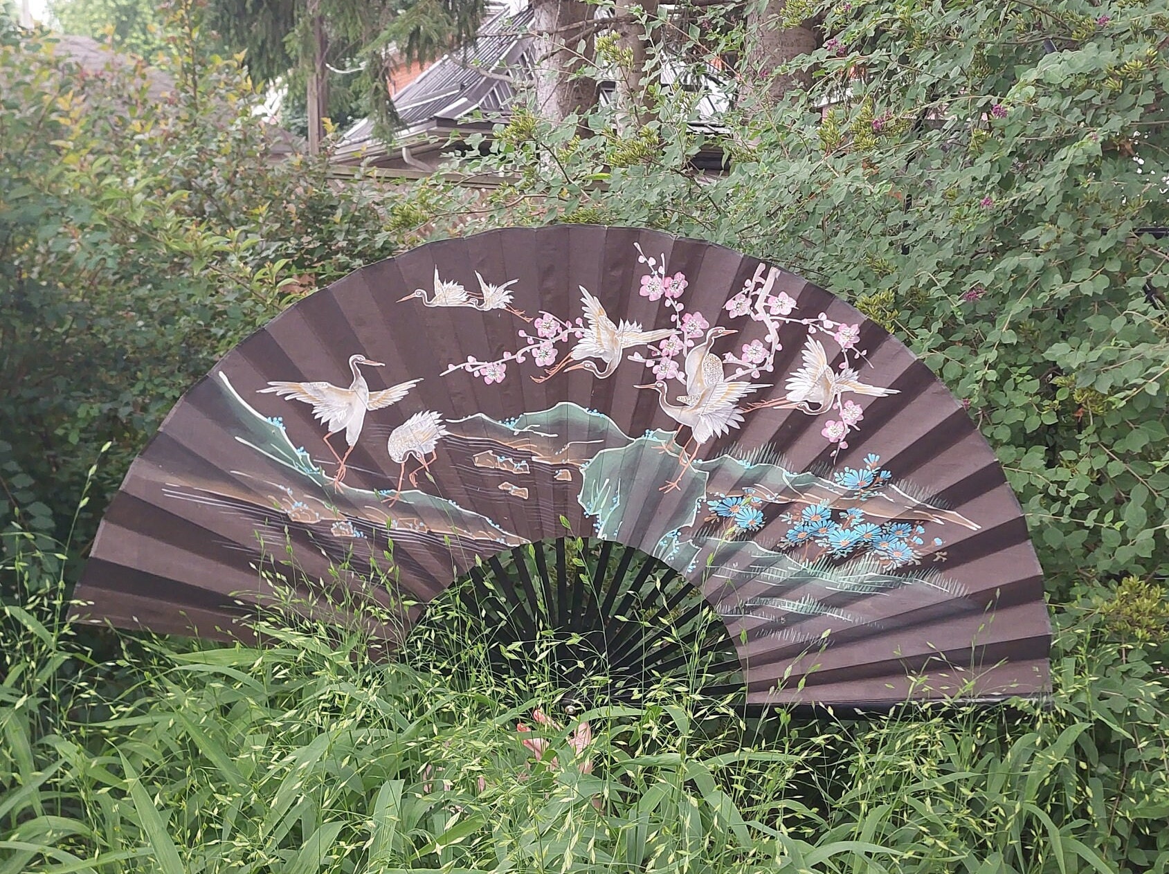 Vintage Large Japanese Decorative Wall Fan, Hand Painted Cranes and