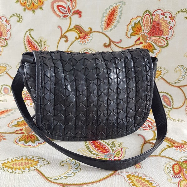 Black Woven Leather Bag, VALENTINA Genuine Leather Shoulder Bag, Made in Italy