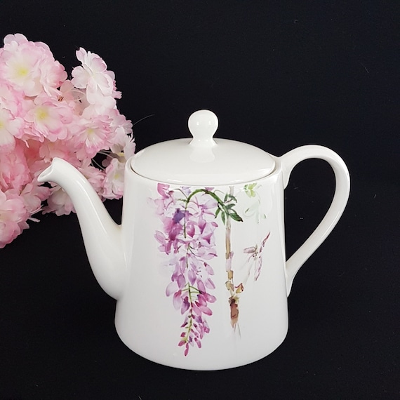 Vintage Skye McGhie DELPHINIUM Teapot, Purple Floral Fine Porcelain Tea Pot, Cottagecore Decor